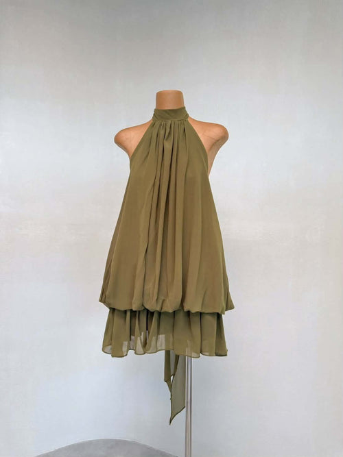 Elegant Halter Neck Layered Mini Dress – Flowy Chic Style