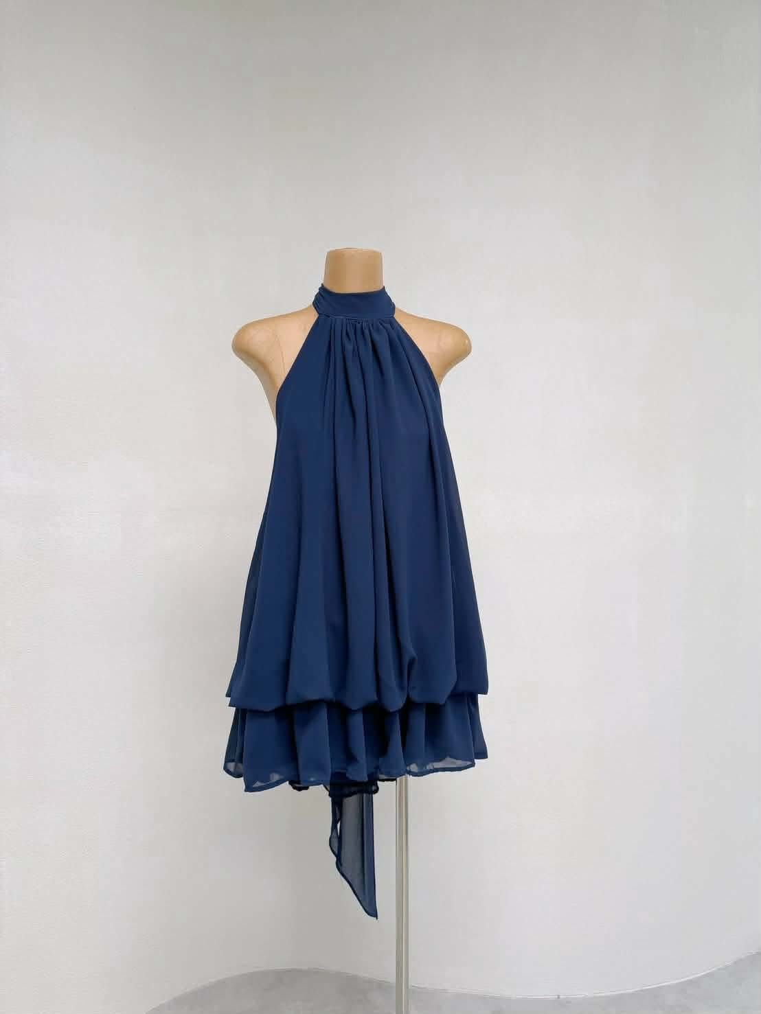 Elegant Halter Neck Layered Mini Dress – Flowy Chic Style